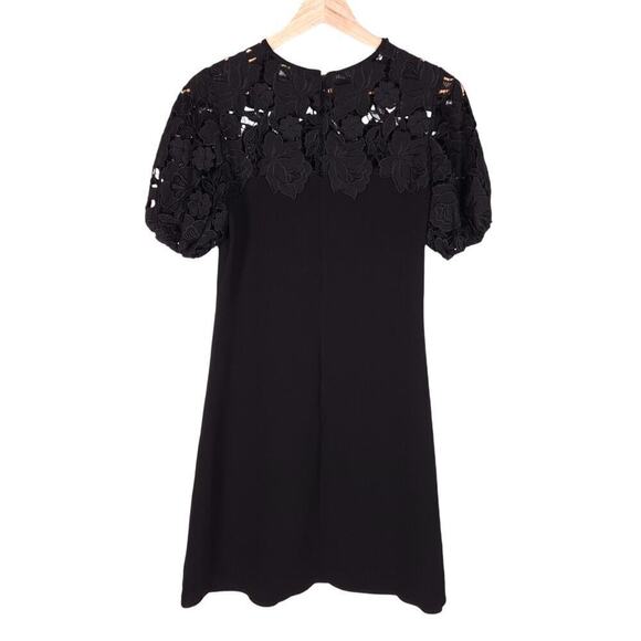 Shoshanna Anthropologie Womens Dress 0 Black Floral Lace A Line Mini Puff Sleeve - Picture 2 of 13